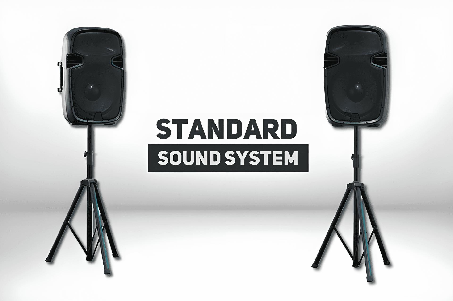 Standard sound system for rent — two powered PA speakers on tripod stands