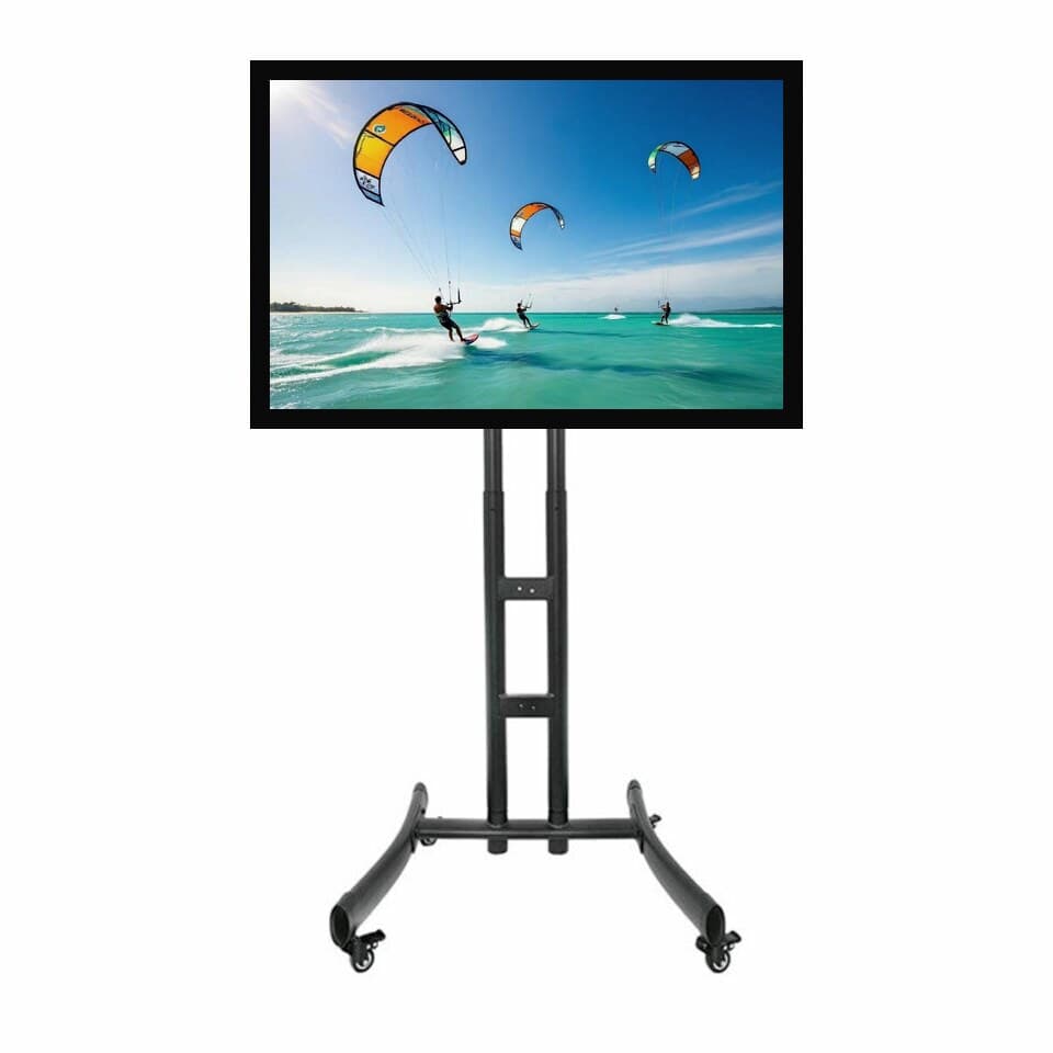 TV with stand for rental in Singapore - large LED TV on a height-adjustable mobile floor stand with wheels, displaying a scenic beach view